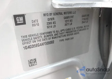 2010 Buick Lacrosse Cxl z USA, uszkodzony, nr VIN 1G4GD5EG4AF309082